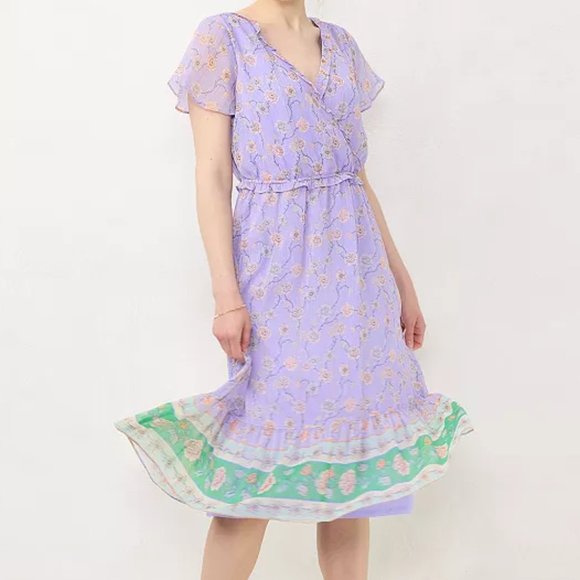 LC Lauren Conrad Dresses & Skirts - Dress 3X Purple Floral Flutter Sleeve Faux-Wrap Midi Chiffon Easter Plus Size